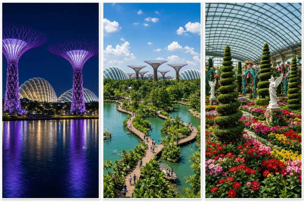 Ban đêm, ban ngày và khu vườn hoa trong nhà kính tại Gardens by the Bay
