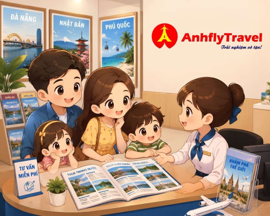 Gia đình tham khảo tư vấn tại quầy công ty du lịch