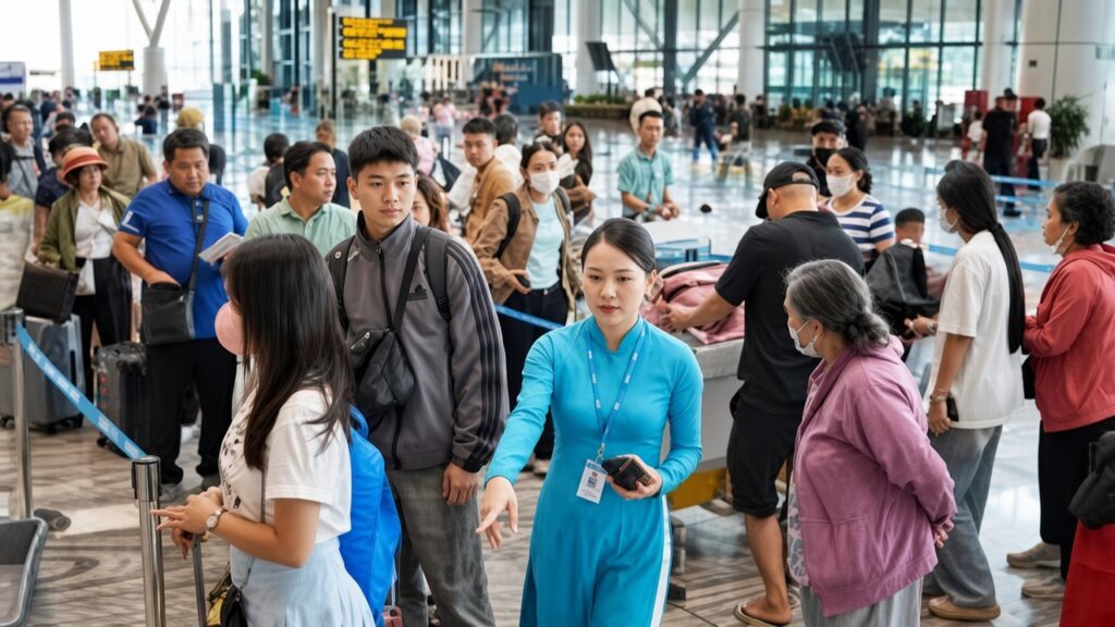 Hành khách mang hành lý tại nhà ga sân bay dịp cận Tết.