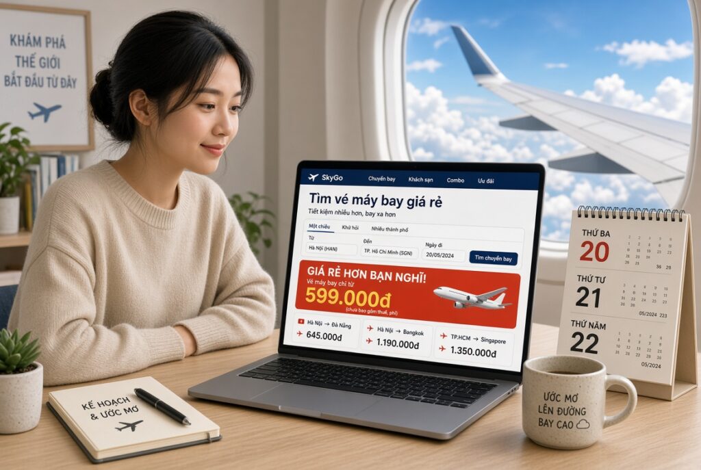 Hình ảnh cô gái vui đã săn được vé máy bay giá rẻ cực hời