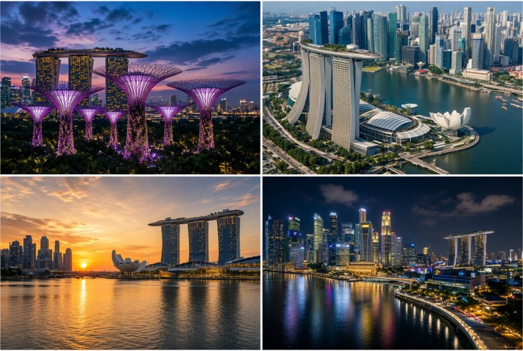 Khu vườn Supertrees ban đêm, tầm nhìn trên không ban ngày, hoàng hôn bên mặt nước và toàn cảnh thành phố về đêm