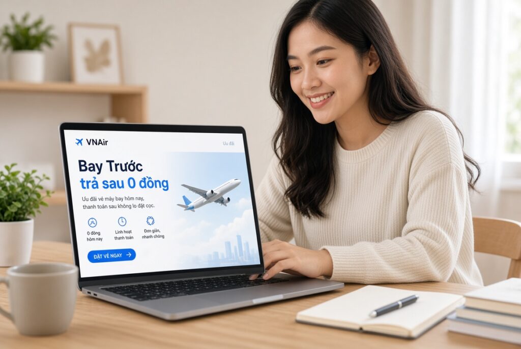 Hình ảnh cô gái vui vẻ khi sử dụng dịch vụ bay trước trả sau